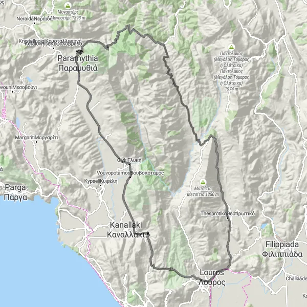 Map miniature of "Thesprotiko to Tyrgia Round-trip" cycling inspiration in Ipeiros, Greece. Generated by Tarmacs.app cycling route planner