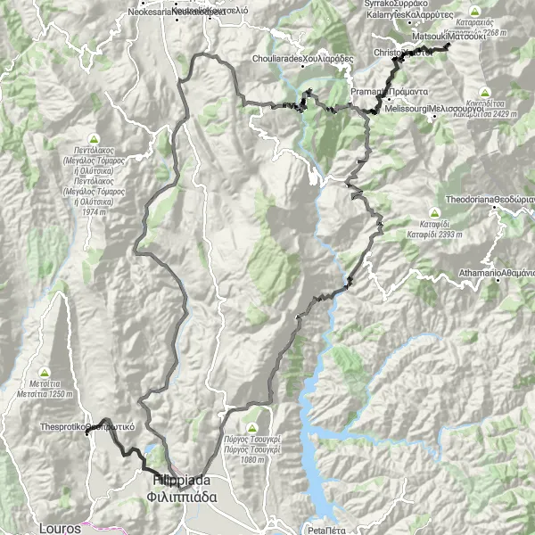 Map miniature of "Thesprotikó - Pedopoli Zirou - Profitis Ilias - Pramanta - Rapania - Lepiana - Filippiada - Thesprotiko" cycling inspiration in Ipeiros, Greece. Generated by Tarmacs.app cycling route planner