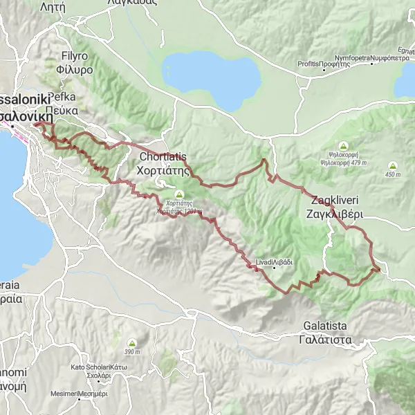 Map miniature of "Gravel Adventure through Natural Beauty" cycling inspiration in Kentriki Makedonia, Greece. Generated by Tarmacs.app cycling route planner