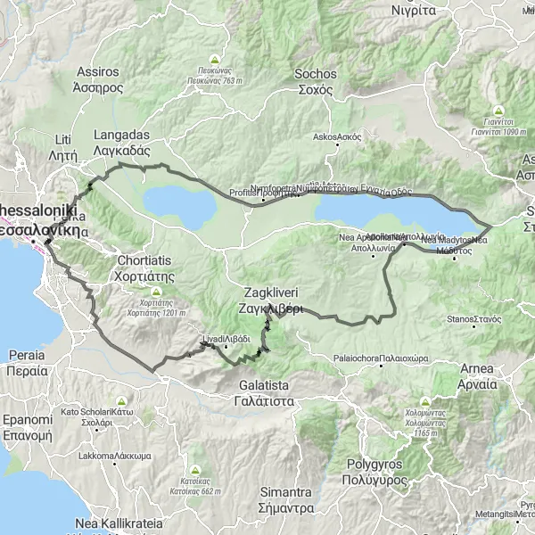 Map miniature of "The Challenging Acropolis Route" cycling inspiration in Kentriki Makedonia, Greece. Generated by Tarmacs.app cycling route planner