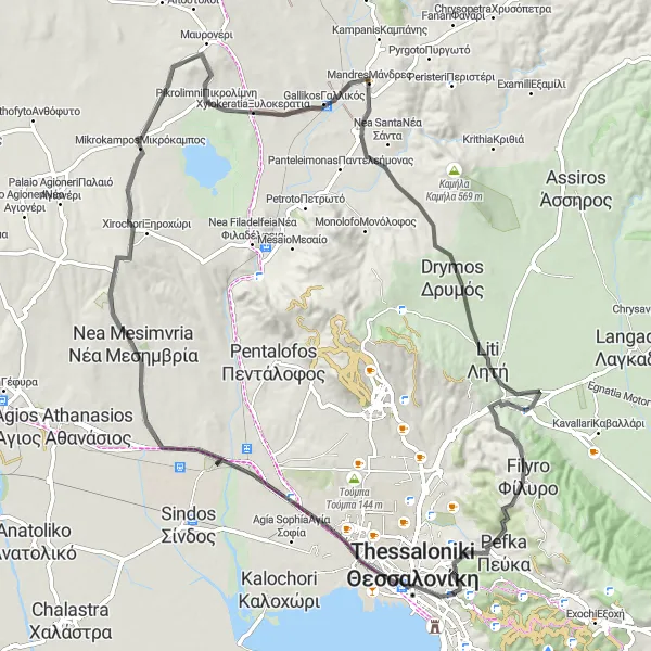 Map miniature of "Scenic Ride with Cultural Highlights" cycling inspiration in Kentriki Makedonia, Greece. Generated by Tarmacs.app cycling route planner