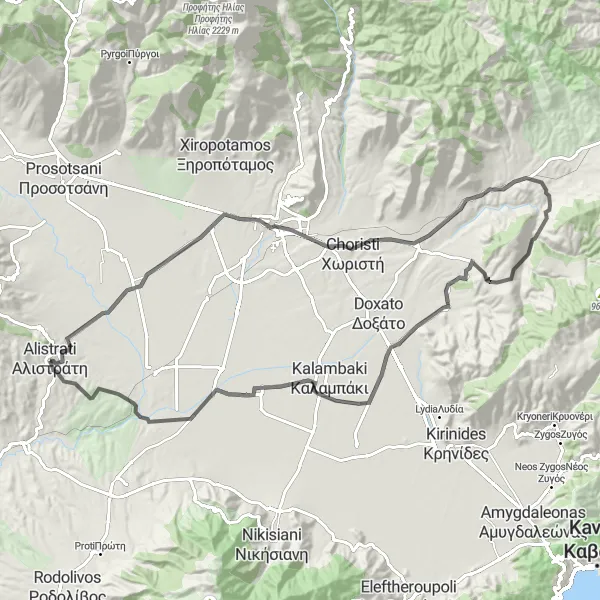 Map miniature of "Alistrati to Drama Road Cycling Route" cycling inspiration in Kentriki Makedonia, Greece. Generated by Tarmacs.app cycling route planner