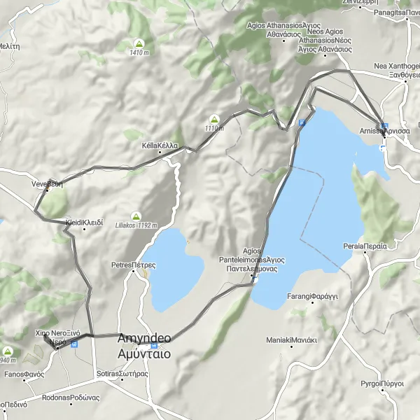 Map miniature of "Árnissa - Veve Loop" cycling inspiration in Kentriki Makedonia, Greece. Generated by Tarmacs.app cycling route planner