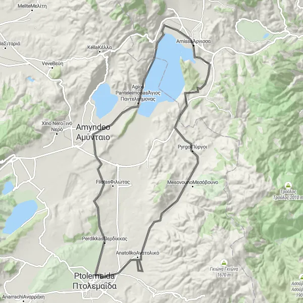 Map miniature of "Thessaloniki to Amyndeo" cycling inspiration in Kentriki Makedonia, Greece. Generated by Tarmacs.app cycling route planner