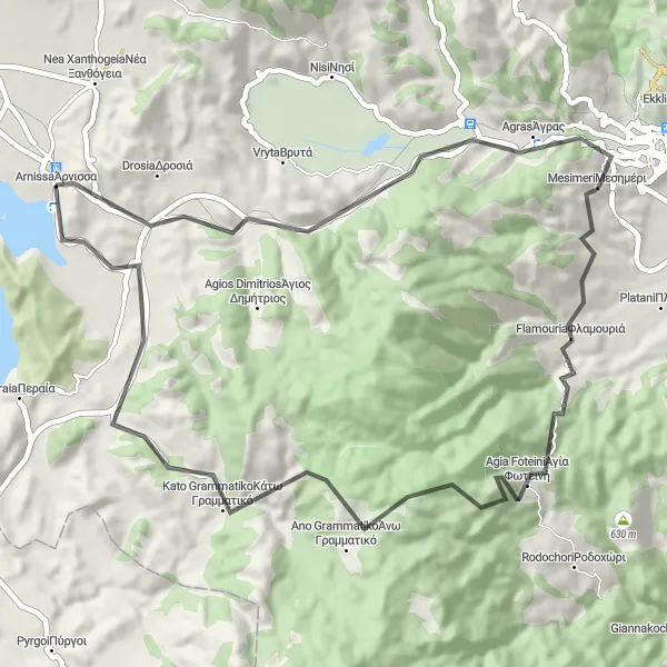 Map miniature of "Árnissa to Agia Fotini" cycling inspiration in Kentriki Makedonia, Greece. Generated by Tarmacs.app cycling route planner