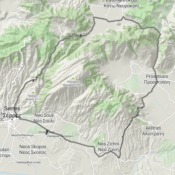 Map miniature of "Chrysó to Sfelinos Road Bike Route" cycling inspiration in Kentriki Makedonia, Greece. Generated by Tarmacs.app cycling route planner