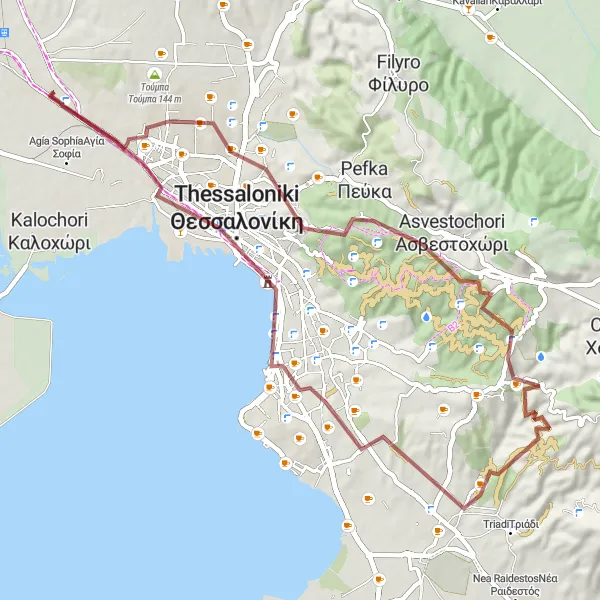 Map miniature of "Gravel Adventure near Diavatá" cycling inspiration in Kentriki Makedonia, Greece. Generated by Tarmacs.app cycling route planner