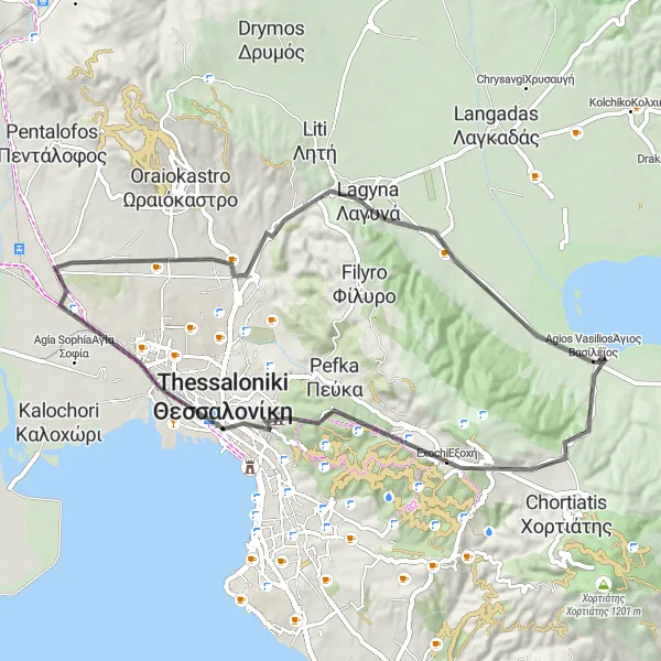 Map miniature of "Scenic Routes and Cultural Revelations" cycling inspiration in Kentriki Makedonia, Greece. Generated by Tarmacs.app cycling route planner