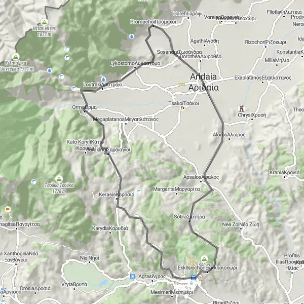 Map miniature of "Edessa Road Circuit" cycling inspiration in Kentriki Makedonia, Greece. Generated by Tarmacs.app cycling route planner