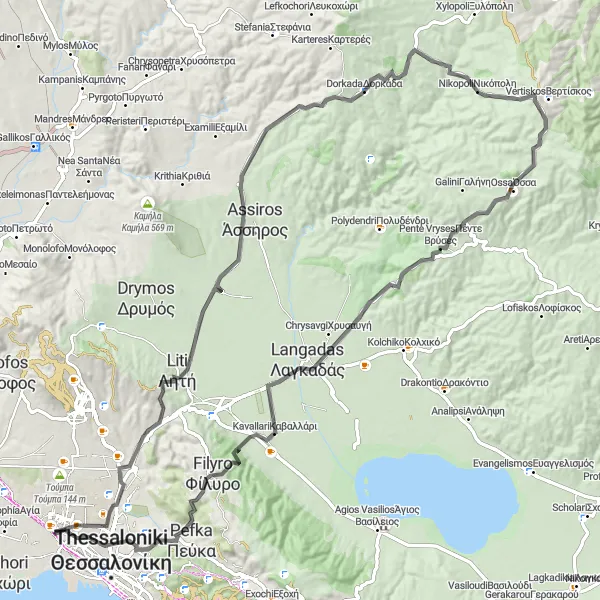 Map miniature of "Scenic and Challenging Road Loop" cycling inspiration in Kentriki Makedonia, Greece. Generated by Tarmacs.app cycling route planner