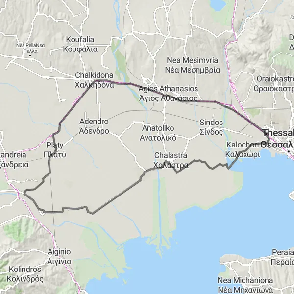 Map miniature of "Coastal Ride in Elefthério - Kordelió" cycling inspiration in Kentriki Makedonia, Greece. Generated by Tarmacs.app cycling route planner