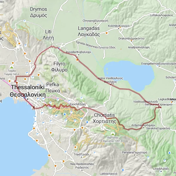 Map miniature of "Off-Road Adventure to the White Tower" cycling inspiration in Kentriki Makedonia, Greece. Generated by Tarmacs.app cycling route planner