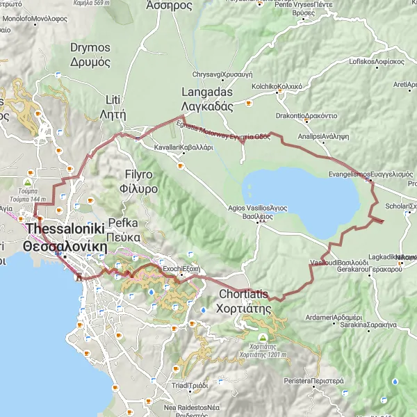 Map miniature of "The Lagyna Gravel Adventure" cycling inspiration in Kentriki Makedonia, Greece. Generated by Tarmacs.app cycling route planner