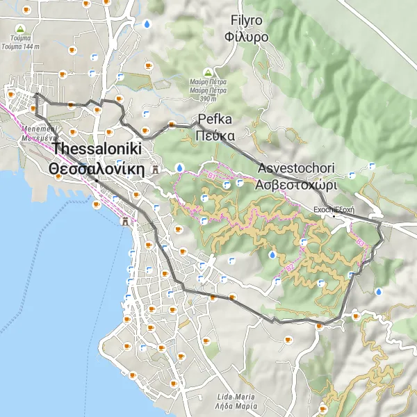 Map miniature of "The Stavroupoli Road Adventure" cycling inspiration in Kentriki Makedonia, Greece. Generated by Tarmacs.app cycling route planner