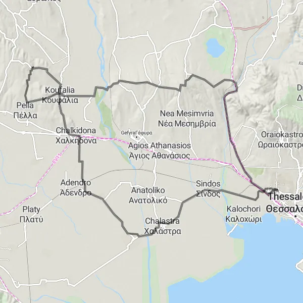 Map miniature of "The Sindos Loop" cycling inspiration in Kentriki Makedonia, Greece. Generated by Tarmacs.app cycling route planner