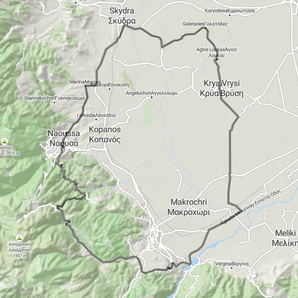 Map miniature of "Naoussa Escape" cycling inspiration in Kentriki Makedonia, Greece. Generated by Tarmacs.app cycling route planner