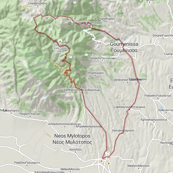 Map miniature of "Gravel Adventure through Giannitsá and Nearby Towns" cycling inspiration in Kentriki Makedonia, Greece. Generated by Tarmacs.app cycling route planner
