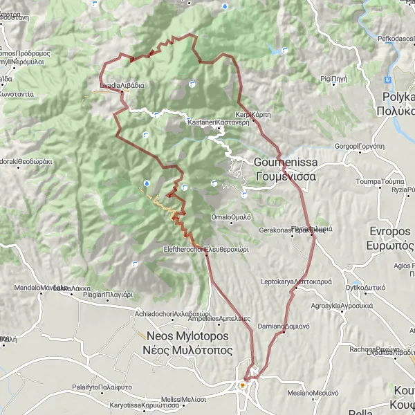 Map miniature of "The Ultimate Gravel Challenge near Giannitsá" cycling inspiration in Kentriki Makedonia, Greece. Generated by Tarmacs.app cycling route planner