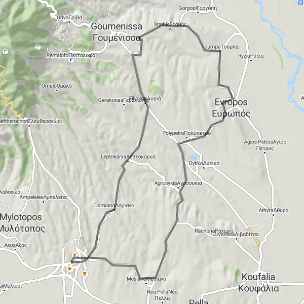 Map miniature of "Giannitsa-Polykastro Loop" cycling inspiration in Kentriki Makedonia, Greece. Generated by Tarmacs.app cycling route planner