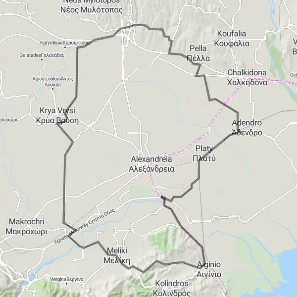 Map miniature of "Giannitsa-Platy Loop" cycling inspiration in Kentriki Makedonia, Greece. Generated by Tarmacs.app cycling route planner