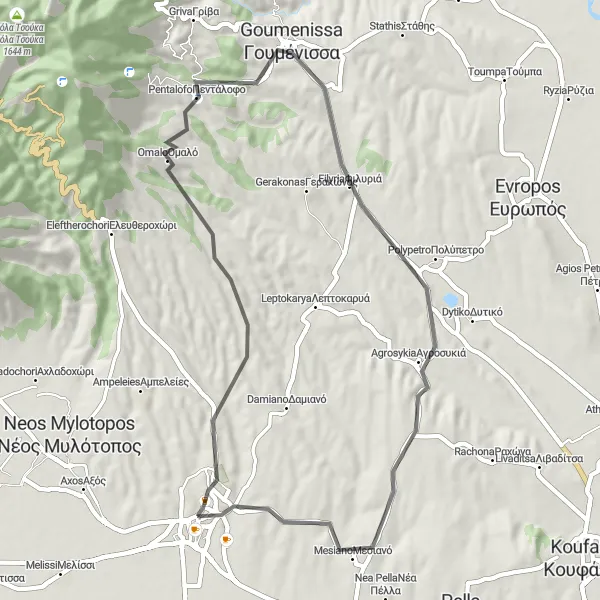 Map miniature of "Giannitsa-Goumenissa Loop" cycling inspiration in Kentriki Makedonia, Greece. Generated by Tarmacs.app cycling route planner