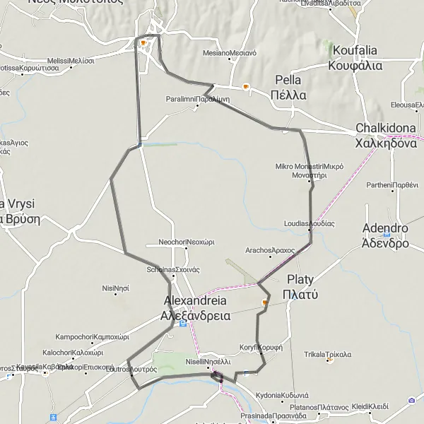 Map miniature of "Discover the Charming Villages around Giannitsá" cycling inspiration in Kentriki Makedonia, Greece. Generated by Tarmacs.app cycling route planner