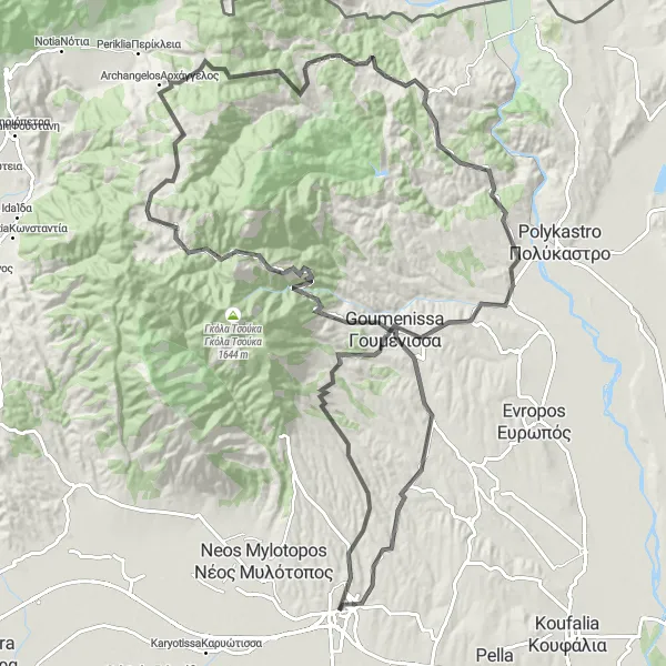 Map miniature of "Climbing Challenge: Conquer the Peaks near Giannitsá" cycling inspiration in Kentriki Makedonia, Greece. Generated by Tarmacs.app cycling route planner