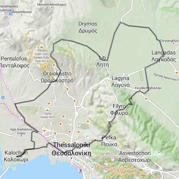 Map miniature of "Kalochóri to Langadas Loop" cycling inspiration in Kentriki Makedonia, Greece. Generated by Tarmacs.app cycling route planner