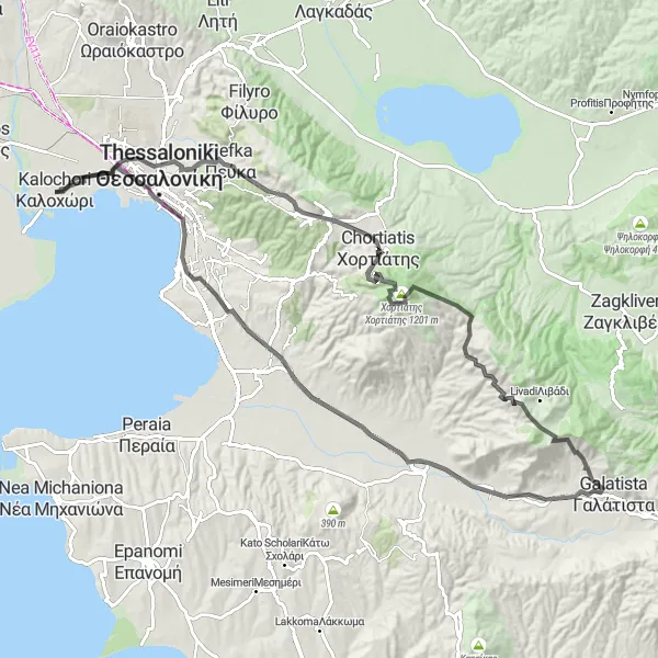 Map miniature of "Kalochóri to Menemeni Loop" cycling inspiration in Kentriki Makedonia, Greece. Generated by Tarmacs.app cycling route planner