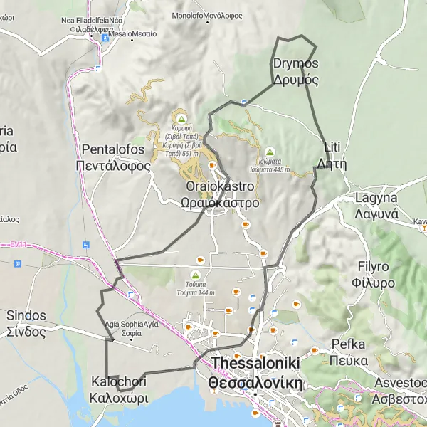 Map miniature of "Kalochóri to Menemeni Short Ride" cycling inspiration in Kentriki Makedonia, Greece. Generated by Tarmacs.app cycling route planner