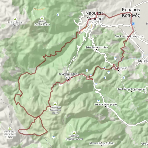 Map miniature of "Vermio Gravel Adventure" cycling inspiration in Kentriki Makedonia, Greece. Generated by Tarmacs.app cycling route planner