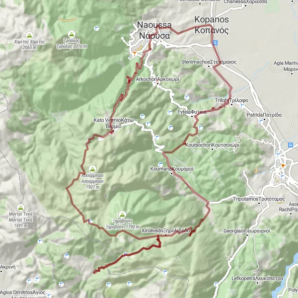 Map miniature of "An Adventurous Gravel Route through Naoussa and Kato Vermio" cycling inspiration in Kentriki Makedonia, Greece. Generated by Tarmacs.app cycling route planner