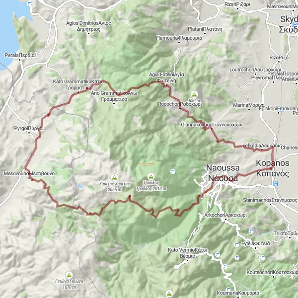 Map miniature of "Naoussa Gravel Challenge" cycling inspiration in Kentriki Makedonia, Greece. Generated by Tarmacs.app cycling route planner