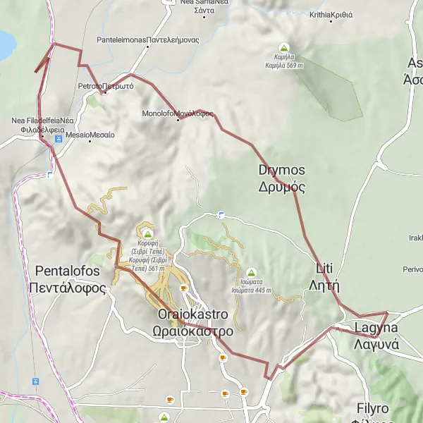 Map miniature of "Gravel Adventure - Off the Beaten Path in Central Macedonia" cycling inspiration in Kentriki Makedonia, Greece. Generated by Tarmacs.app cycling route planner