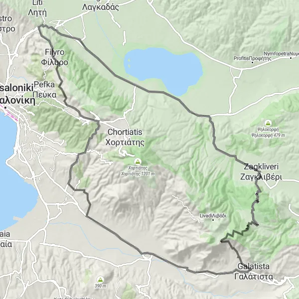 Map miniature of "Loop around Lagyná" cycling inspiration in Kentriki Makedonia, Greece. Generated by Tarmacs.app cycling route planner