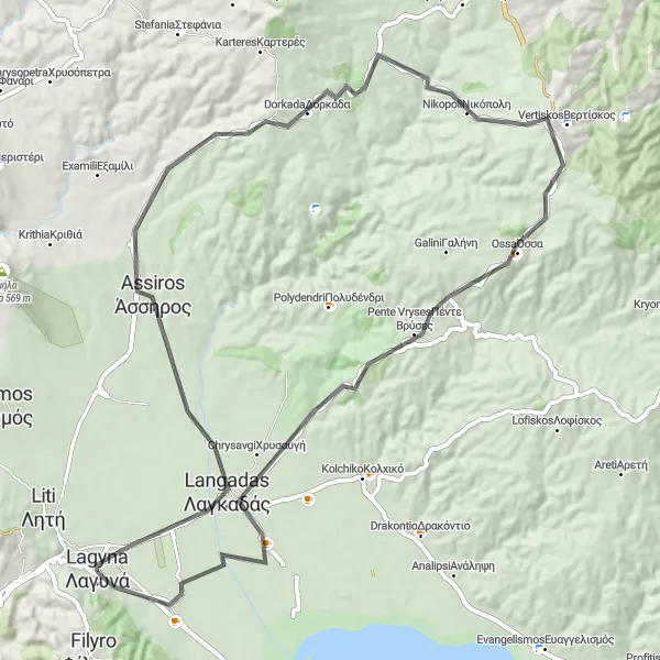 Map miniature of "Langadas Challenge - Conquer the Mountaintops" cycling inspiration in Kentriki Makedonia, Greece. Generated by Tarmacs.app cycling route planner