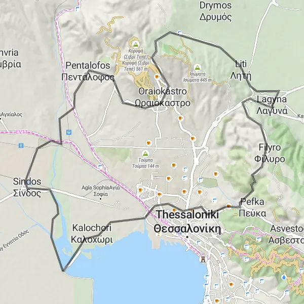 Map miniature of "The Hill Country Odyssey - A Cycling Adventure" cycling inspiration in Kentriki Makedonia, Greece. Generated by Tarmacs.app cycling route planner