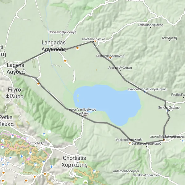 Map miniature of "Lagyná Loop - The Hidden Beauty of Central Macedonia" cycling inspiration in Kentriki Makedonia, Greece. Generated by Tarmacs.app cycling route planner