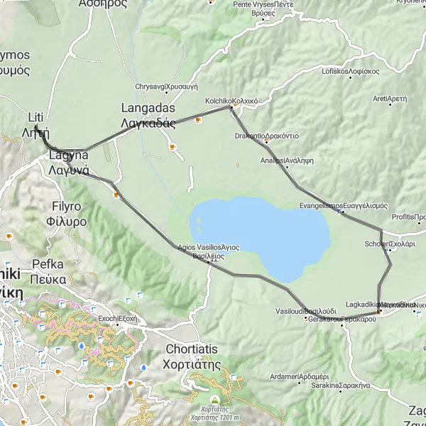 Map miniature of "Road Cycling Journey to Lagyna" cycling inspiration in Kentriki Makedonia, Greece. Generated by Tarmacs.app cycling route planner