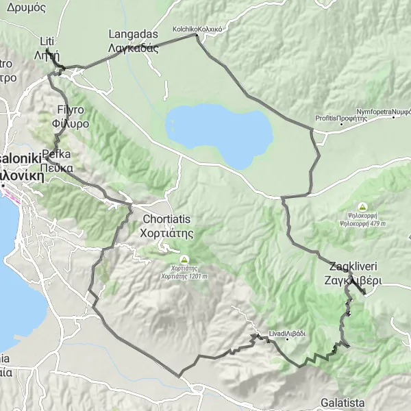 Map miniature of "Lití and the Langadas Loop" cycling inspiration in Kentriki Makedonia, Greece. Generated by Tarmacs.app cycling route planner