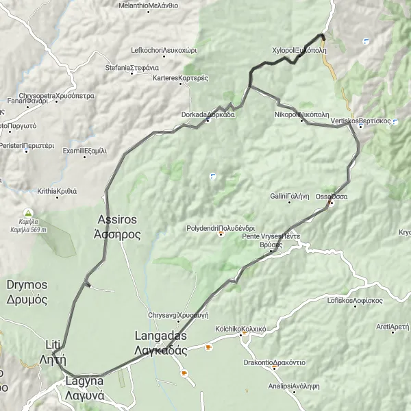 Map miniature of "Mountains and Villages Loop" cycling inspiration in Kentriki Makedonia, Greece. Generated by Tarmacs.app cycling route planner