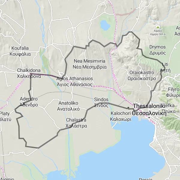 Map miniature of "Coastline Tour" cycling inspiration in Kentriki Makedonia, Greece. Generated by Tarmacs.app cycling route planner