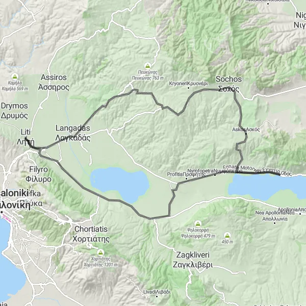 Map miniature of "Mountains and Viewpoints" cycling inspiration in Kentriki Makedonia, Greece. Generated by Tarmacs.app cycling route planner