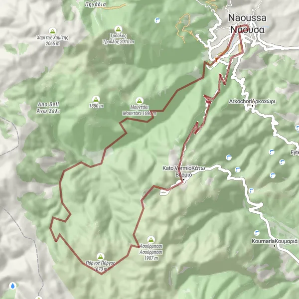 Map miniature of "Vermio Mountains Gravel Adventure" cycling inspiration in Kentriki Makedonia, Greece. Generated by Tarmacs.app cycling route planner