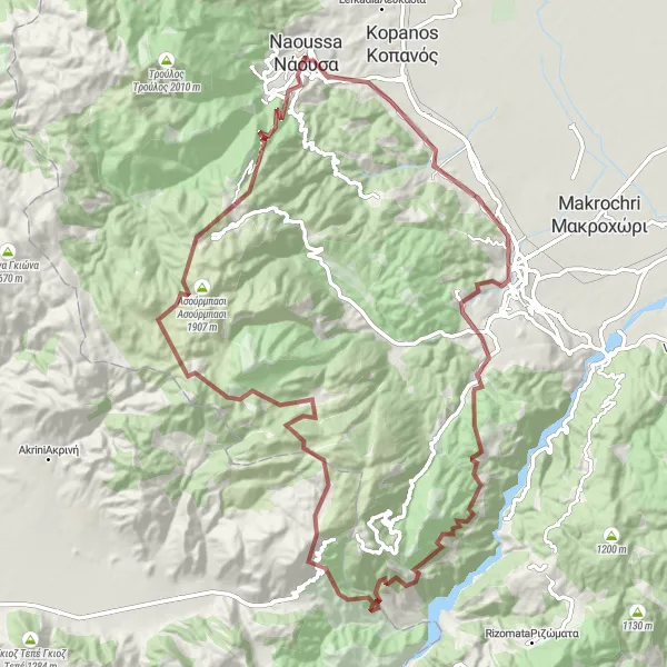 Map miniature of "Veria Gravel Escape" cycling inspiration in Kentriki Makedonia, Greece. Generated by Tarmacs.app cycling route planner