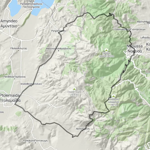 Map miniature of "Mountain Challenge: Sarikaya and Beyond" cycling inspiration in Kentriki Makedonia, Greece. Generated by Tarmacs.app cycling route planner