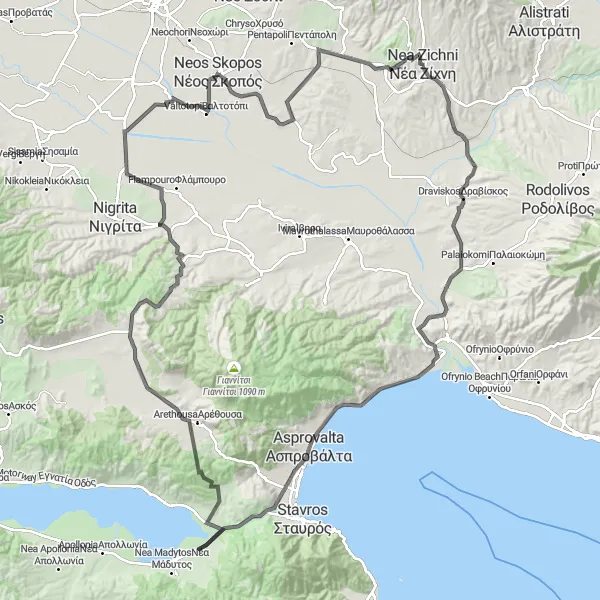 Map miniature of "Nature's Gateway: Nea Zichni Circular Route" cycling inspiration in Kentriki Makedonia, Greece. Generated by Tarmacs.app cycling route planner