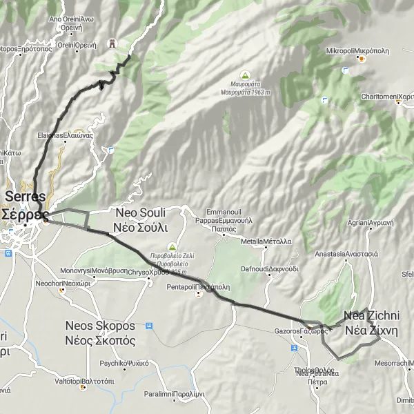 Map miniature of "Historical Road Discovery" cycling inspiration in Kentriki Makedonia, Greece. Generated by Tarmacs.app cycling route planner