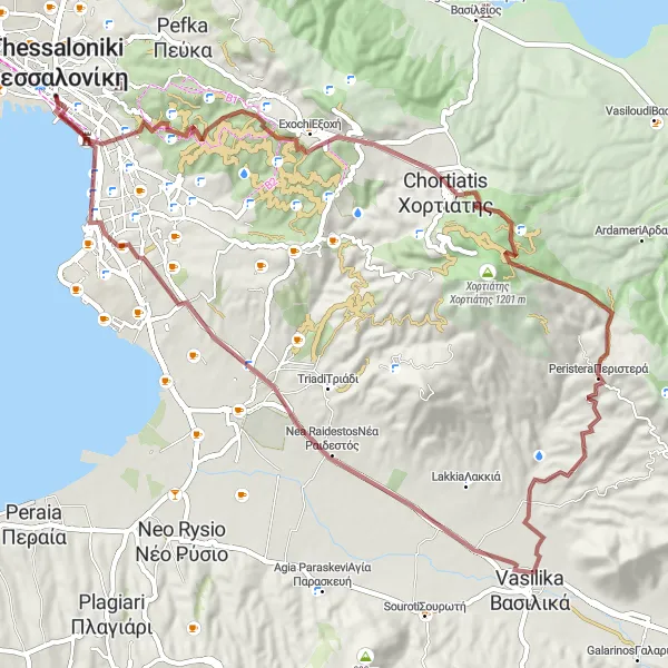 Map miniature of "Picturesque Gravel Circuit via Chortiátis" cycling inspiration in Kentriki Makedonia, Greece. Generated by Tarmacs.app cycling route planner