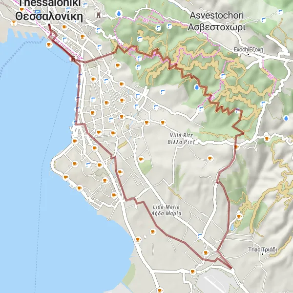 Map miniature of "Gravel Adventure to Thessaloniki" cycling inspiration in Kentriki Makedonia, Greece. Generated by Tarmacs.app cycling route planner